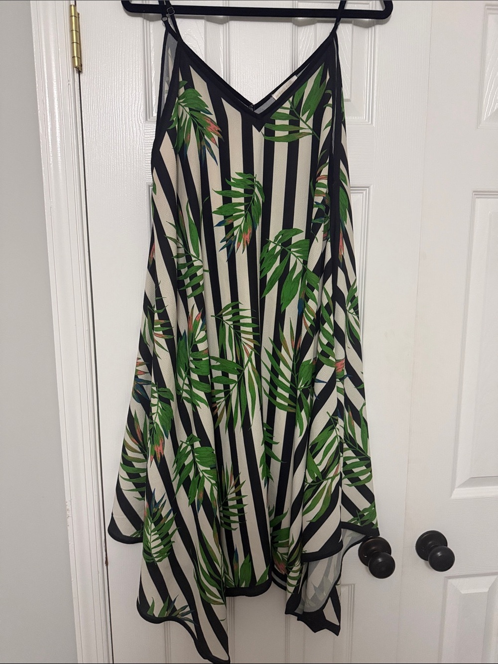 Black and White Striped Asymmetrical Swim Cover Up with Green Leaf Print